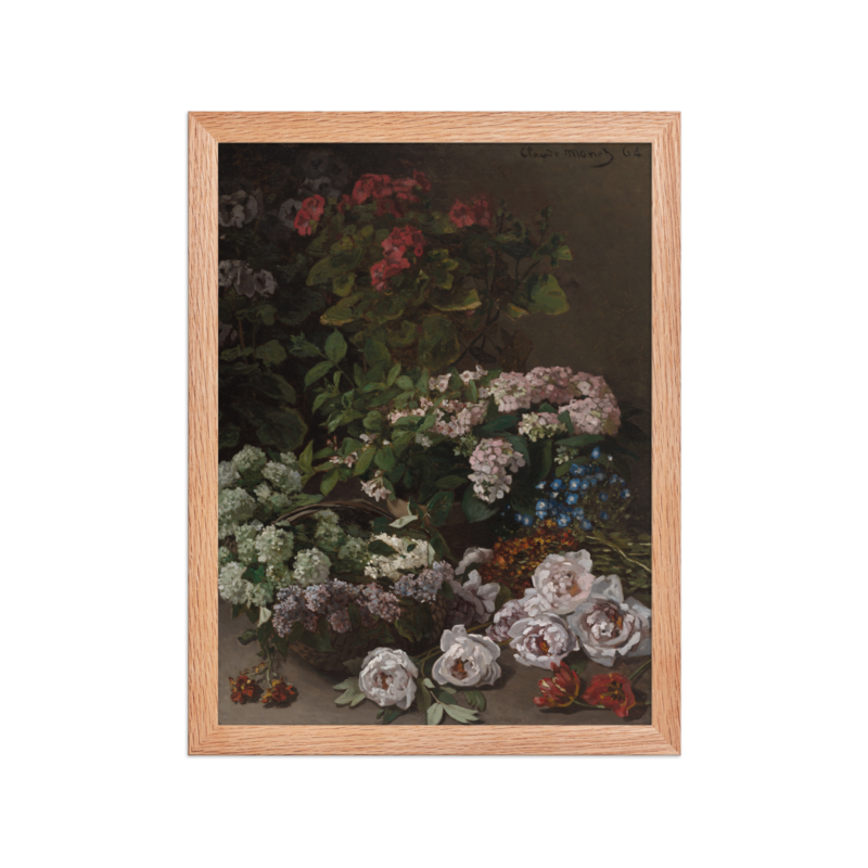 Authentic Printful framed Spring Flowers by Claude Monet, 12 × 16-inch print with Red Oak frame