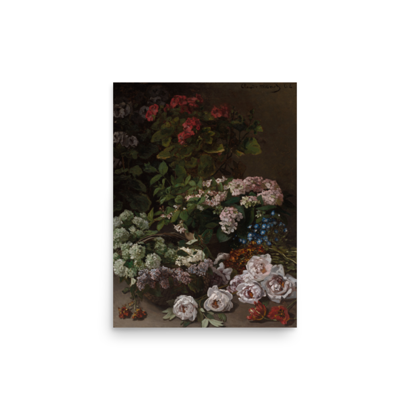 Printful-generated product preview: Spring Flowers by Claude Monet printed as 12 × 16-inch matte poster; unframed