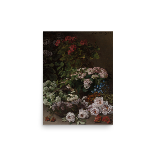 Printful-generated product preview: Spring Flowers by Claude Monet printed as 12 × 16-inch matte poster; unframed