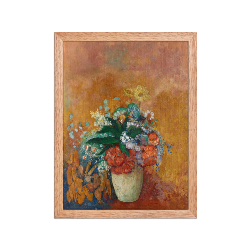 Printful-generated 12 × 16 framed Vase of Flowers art print in Red Oak