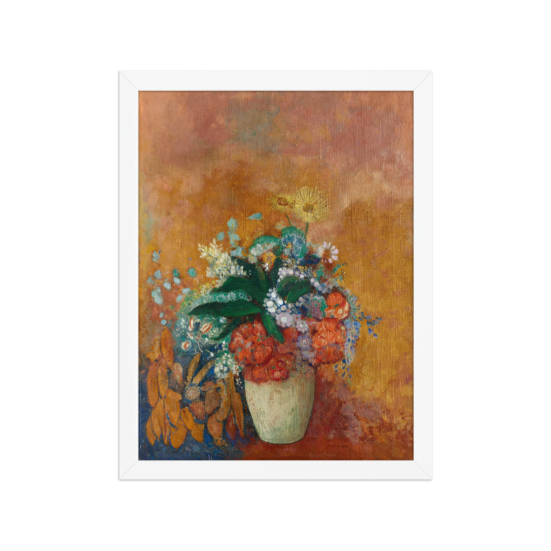 Printful-generated 12 × 16 framed Vase of Flowers art print in White